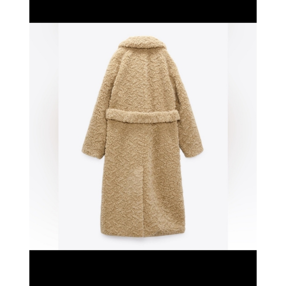 Zara Long Fleece Faux Fur Coat Jacket Brown Size L NWT - Picture 4 of 11